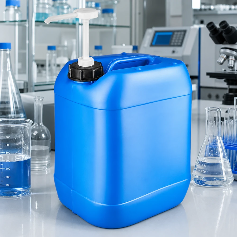 Stabiler Kunststoffbehälter 20 Liter blau mit Pumpvorrichtung für Reinigungsmittel und Chemikalien