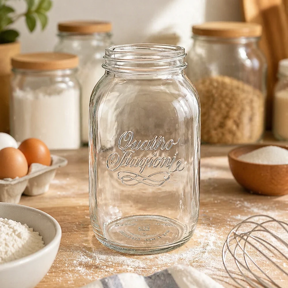 1500ml Quattro Stagioni Haushaltsglas mit Schraubverschluss auf Holztisch mit Backzutaten und Küchenutensilien