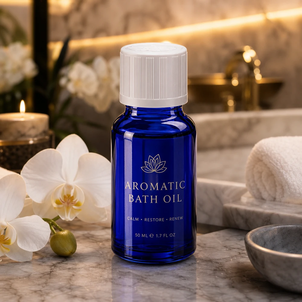 Hochwertige blaue Glasflasche mit Kindersicherheitsverschluss und Tropfeinsatz für Aromaöle