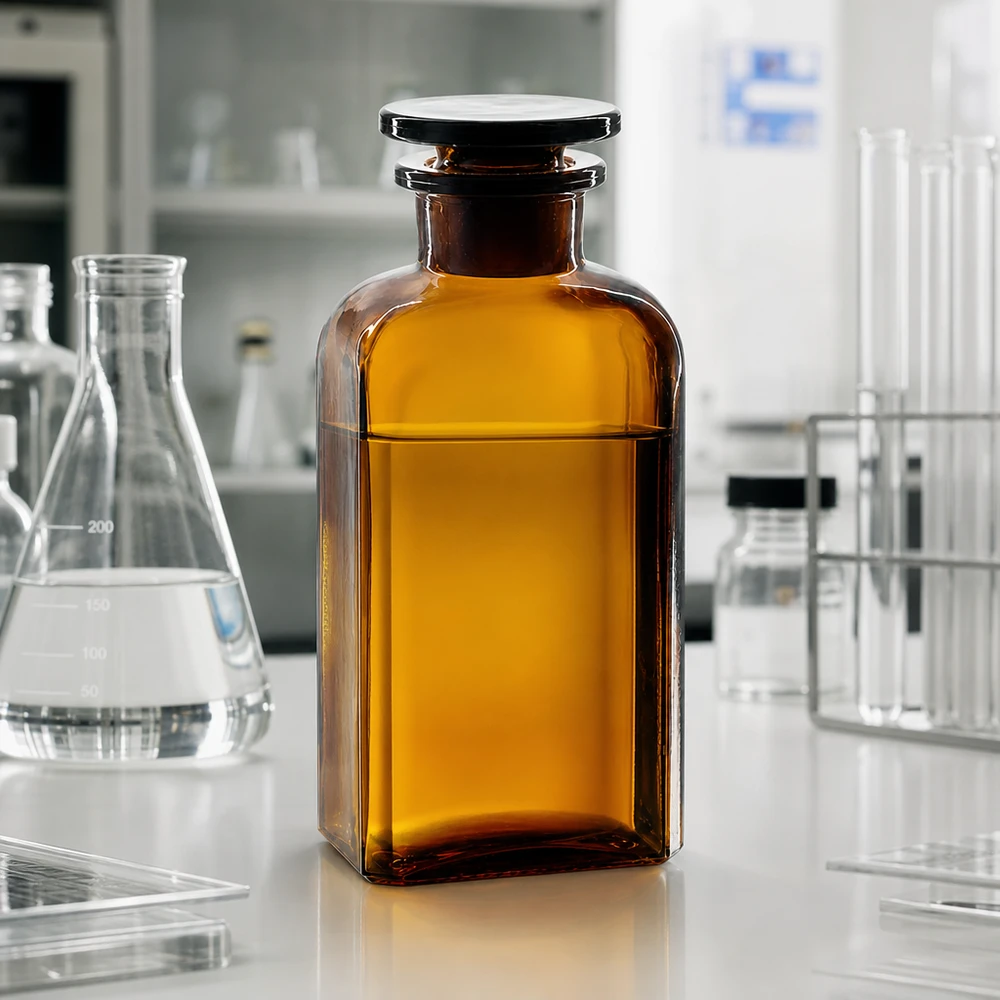 Čtvercová láhev 250ml hnědá se širokým hrdlem skleněná zátka Lagerflasche 250ml braun viereckig Glasstopfen platzsparend für Öle und Lösungsmittel