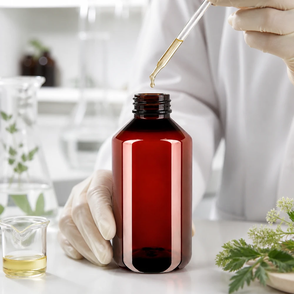 Hnědá PET láhev o objemu 750 ml s originálním uzávěrem v laboratorním prostředí