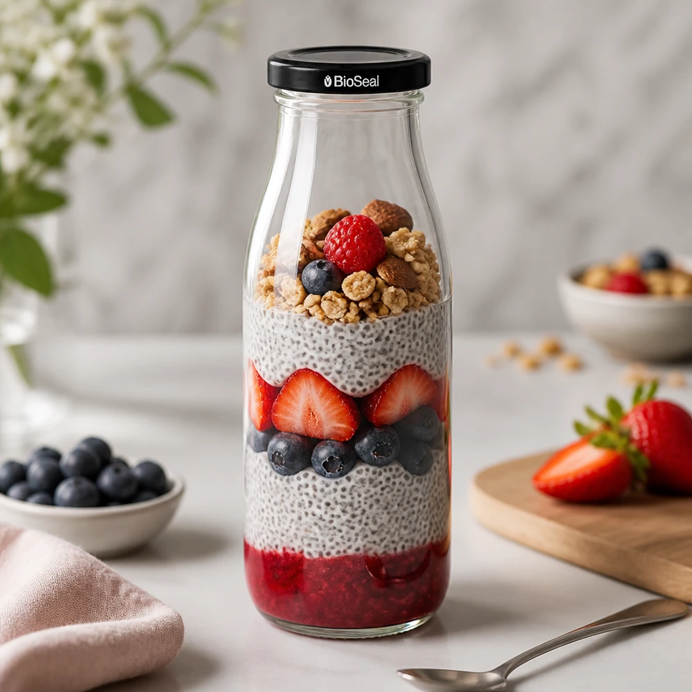 500ml skleněná láhev + víčko BioSeal černé UNiTWIST 500ml Glasflasche mit Chia Pudding Schichtdessert gefüllt - Beeren Nüsse und BioSeal Deckel für gesunde Mahlzeiten