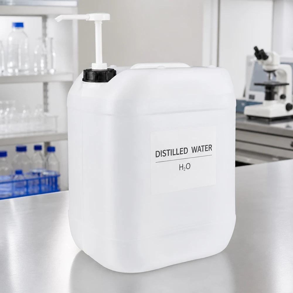 Kanystr o objemu 20 litrů s dávkovacím čerpadlem Transparenter HDPE Kanister 20 Liter mit Pumpspender für destilliertes Wasser im Labor