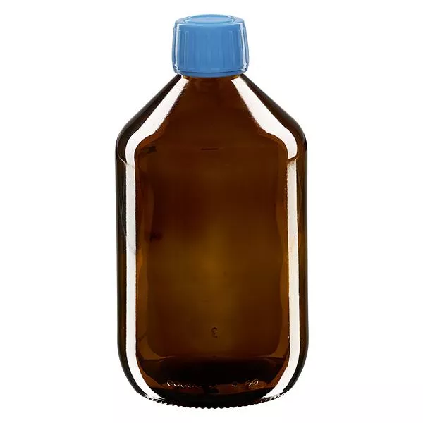 500ml lahvička na léky hnědá, modrý uzávěr s tamper-evidentním kroužkem ApoGlas. 500ml lahvička na léky hnědá, modrý uzávěr s tamper-evidentním kroužkem ApoGlas.