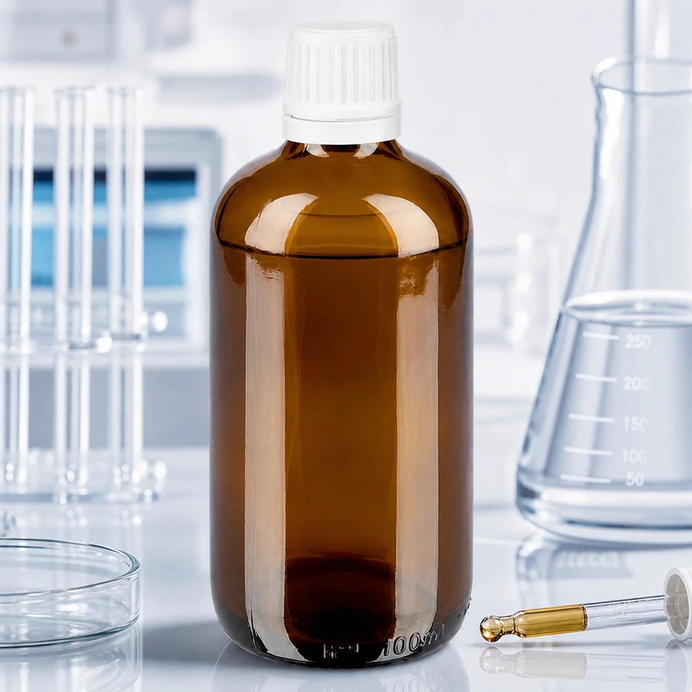 Lékárenská láhev hnědá 100ml šroubovací uzávěr bílý nedotknutelný uzávěr. Medizinflasche aus Braunglas 100ml mit weißem 11mm Verschluss auf weißer Laborfläche