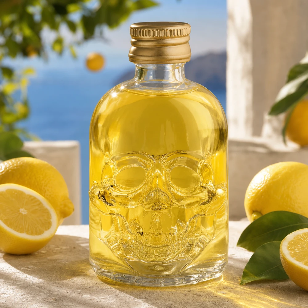 Kompakte Hector Glasflasche 50ml mit Totenkopf-Prägung und stilvollem Golddeckel für Bars