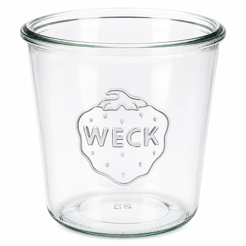580ml tumbler WECK RR100 s dřevěným dřevem - 580ml tumbler WECK RR100 s dřevěným dřevem. WECK Sturzglas 580ml RR100 aus klarem Glas mit geprägtem Logo für Einmachen und Konservieren