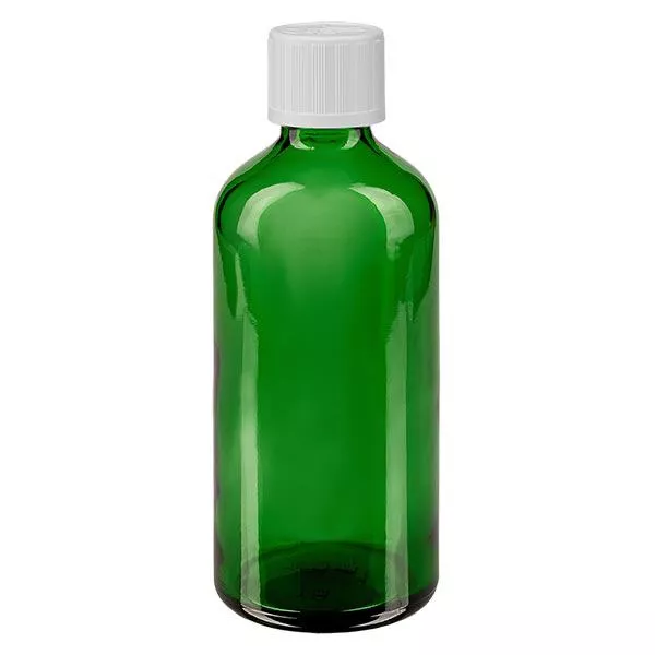 Lékárenská lahvička zelená 100ml kapací uzávěr bílý standardní odolný proti otevření dětmi. Lékárenská lahvička zelená 100ml kapací uzávěr bílý standardní odolný proti otevření dětmi.