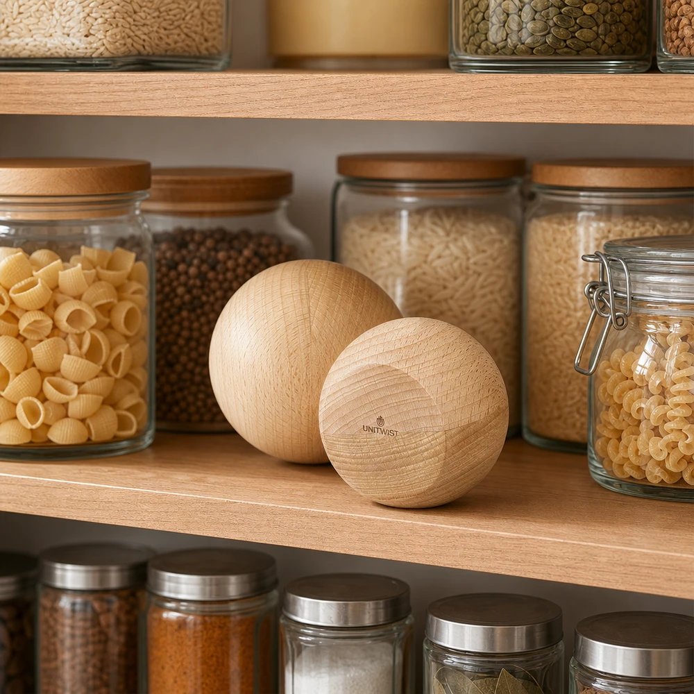 UNiTWIST Holzkugeln aus Buche in stilvoller Pantry mit WECK Gläsern - nachhaltige Aufbewahrung für Küche