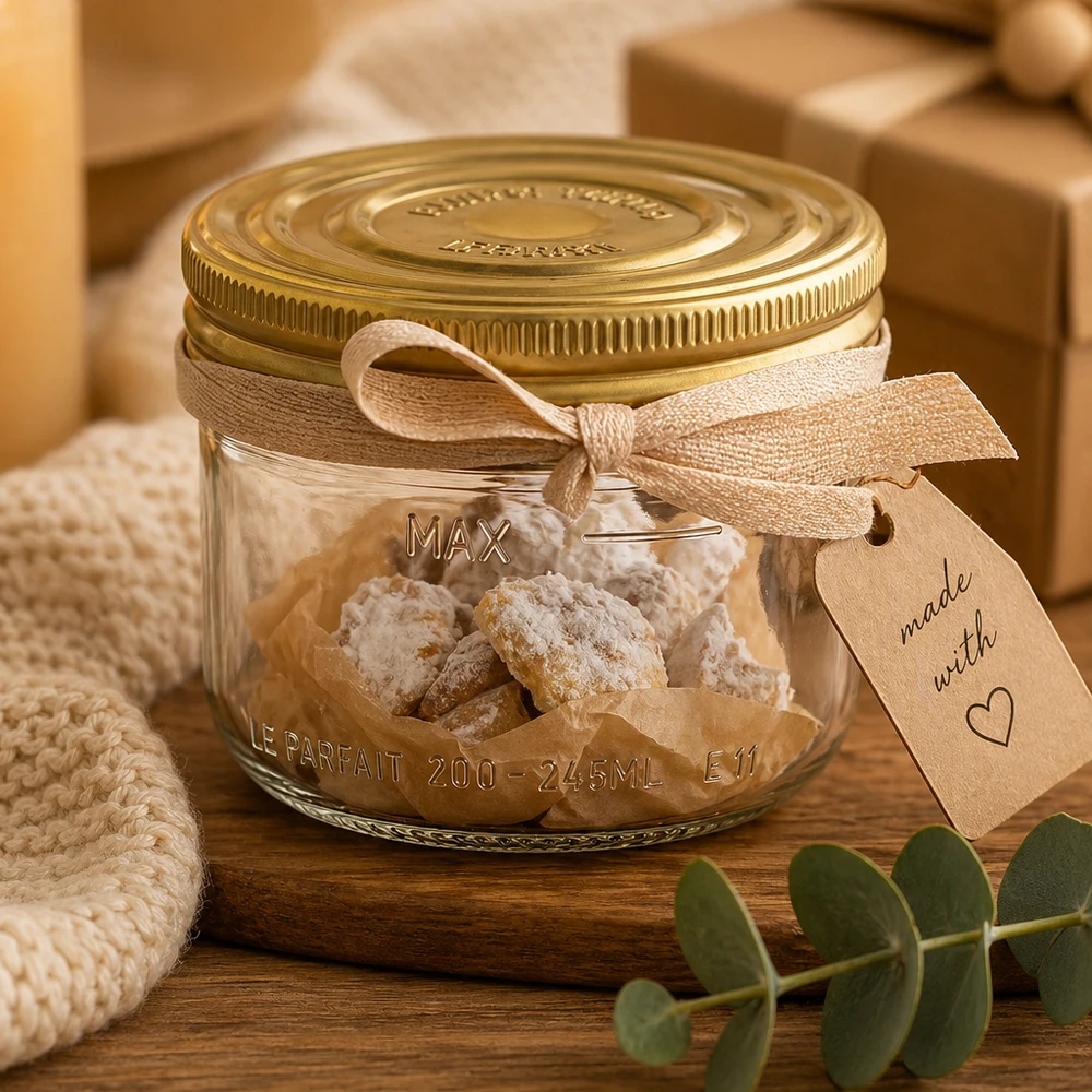 245ml Sturzglas Familia Wiss mit goldenem Deckel gefüllt mit weißen Bonbons und Geschenkband auf Holztisch