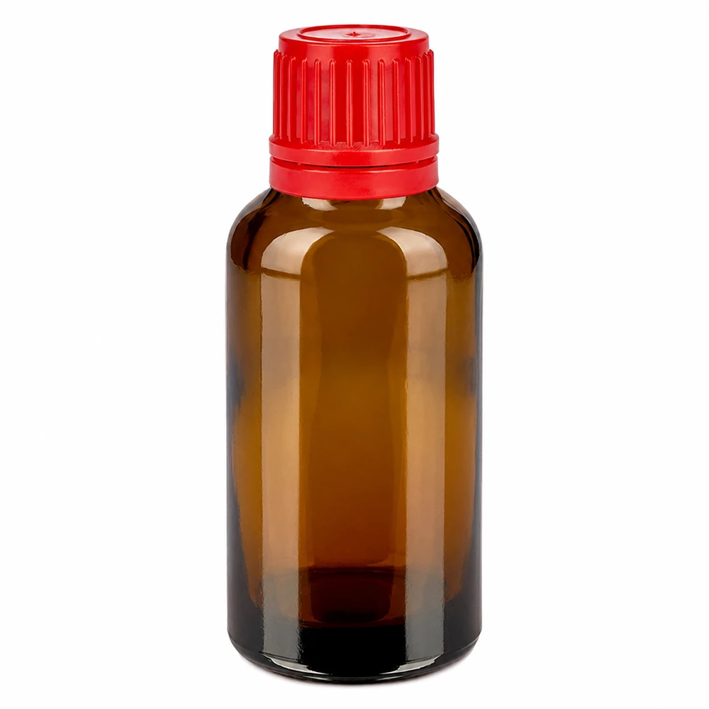 Hochwertige 30ml Flasche aus dunklem Glas mit rotem Verschluss für lichtempfindliche Stoffe
