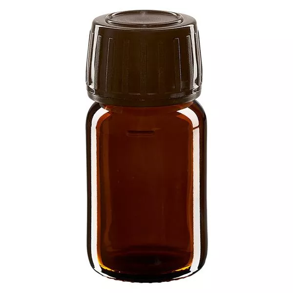 30ml lahvička na léky hnědá, hnědý uzávěr s tamper-evidentním kroužkem ApoGlas