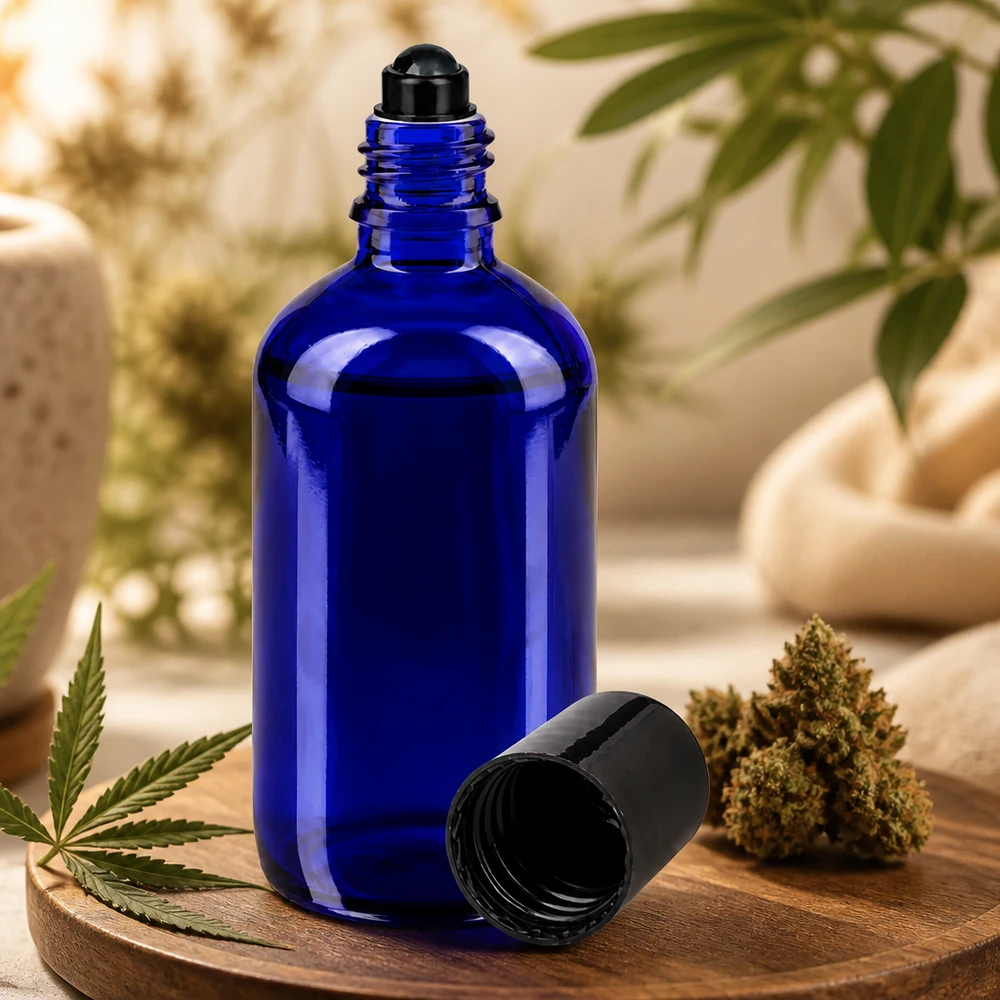 Lékárenská láhev modrá 100ml roll-on uzávěr černý Blaues Apothekerglas 100ml mit schwarzer Rollkugel zur topischen Anwendung von Pflegeölen