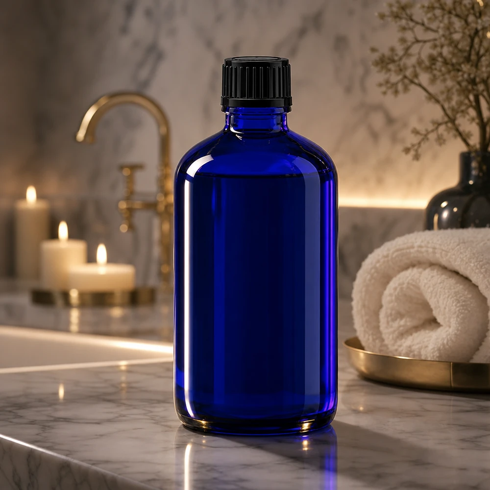 Lékárenská láhev modrá 100ml šroubovací uzávěr černá standardní Blaue Apothekerflasche 100ml aus Glas vor elegantem Marmor-Badezimmer-Hintergrund