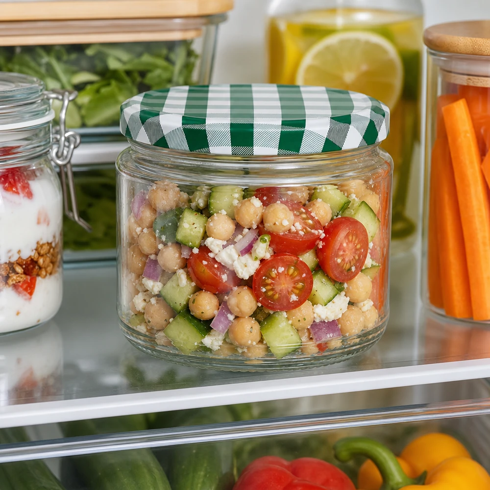 330ml kulatá sklenice + víčko BasicSeal zelené/bílé UNiTWIST 330ml Rundglas mit Kichererbsen-Salat im Kühlschrank, grün-weißer BasicSeal Deckel, Meal Prep und Frischhaltung