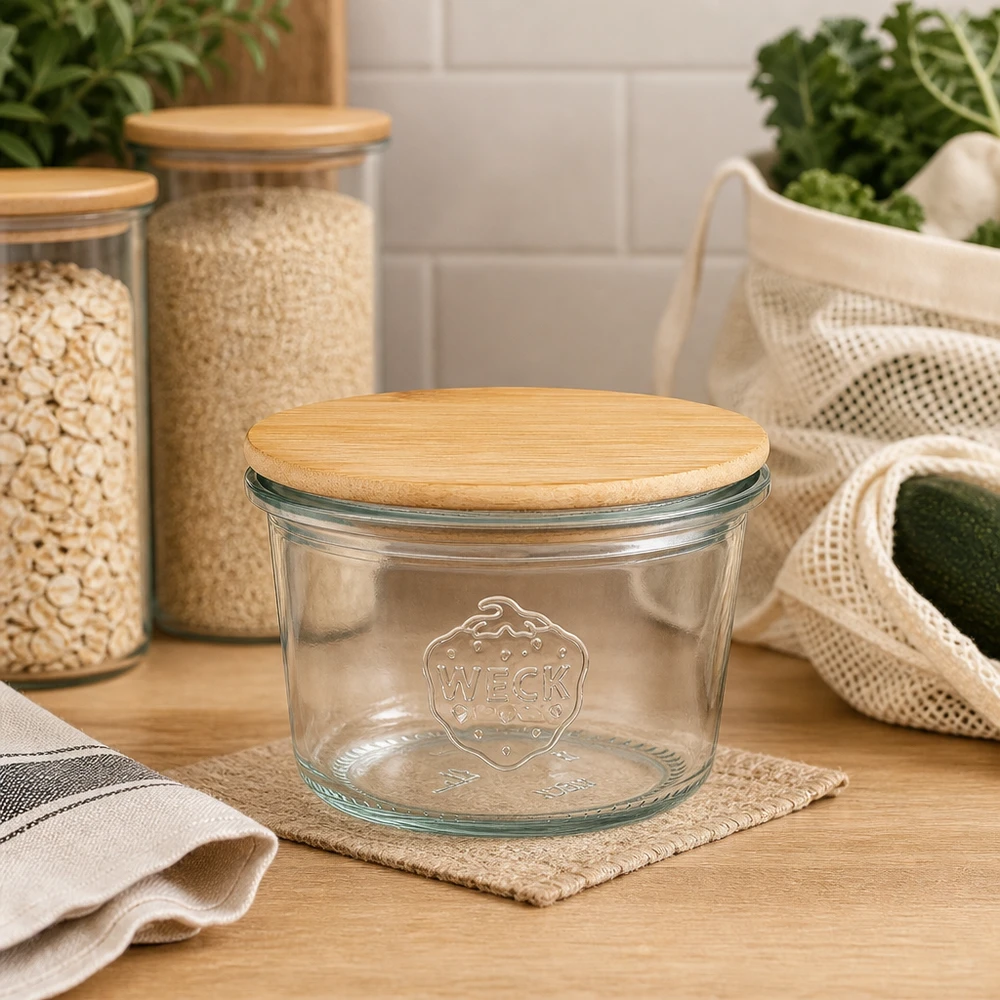 80ml tumbler WECK RR60 s dřevěným víčkem WECK Sturzglas 80ml RR60 Holzdeckel nachhaltige Küche Vorratsorganisation umweltfreundliche Aufbewahrung Zero Waste