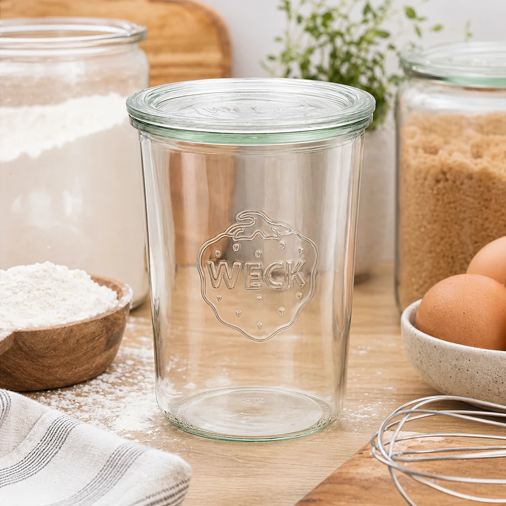 Zavařovací sklenice 850ml se skleněným víčkem WECK RR100 WECK Einmachglas 850ml RR100 in Küchenumgebung mit Mehl Eiern und Küchenutensilien Sturzglas mit Glasdeckel