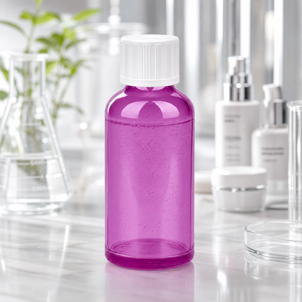50ml láhev PurpleLine UT18/50 se šroubovacím uzávěrem 11mm bílá standardní odolná proti otevření dětmi. Leichte 50ml Plastikflasche in Violett mit standardisiertem 18mm Gewinde für Verschluss