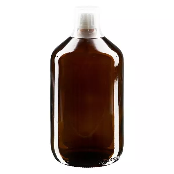 1000ml lahvička na léky hnědá, uzávěr s pojistkou proti manipulaci s dávkovacím kalíškem 30ml ApoGlas 1000ml lahvička na léky hnědá, uzávěr s pojistkou proti manipulaci s dávkovacím kalíškem 30ml ApoGlas