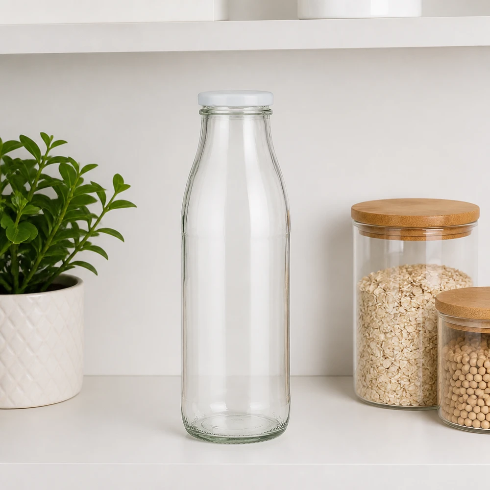 500ml skleněná láhev + víčko BasicSeal bílé UNiTWIST 500ml Glasflasche transparent mit weißem BasicSeal Deckel auf weißer Küchenarbeitsplatte neben Vorratsdosen
