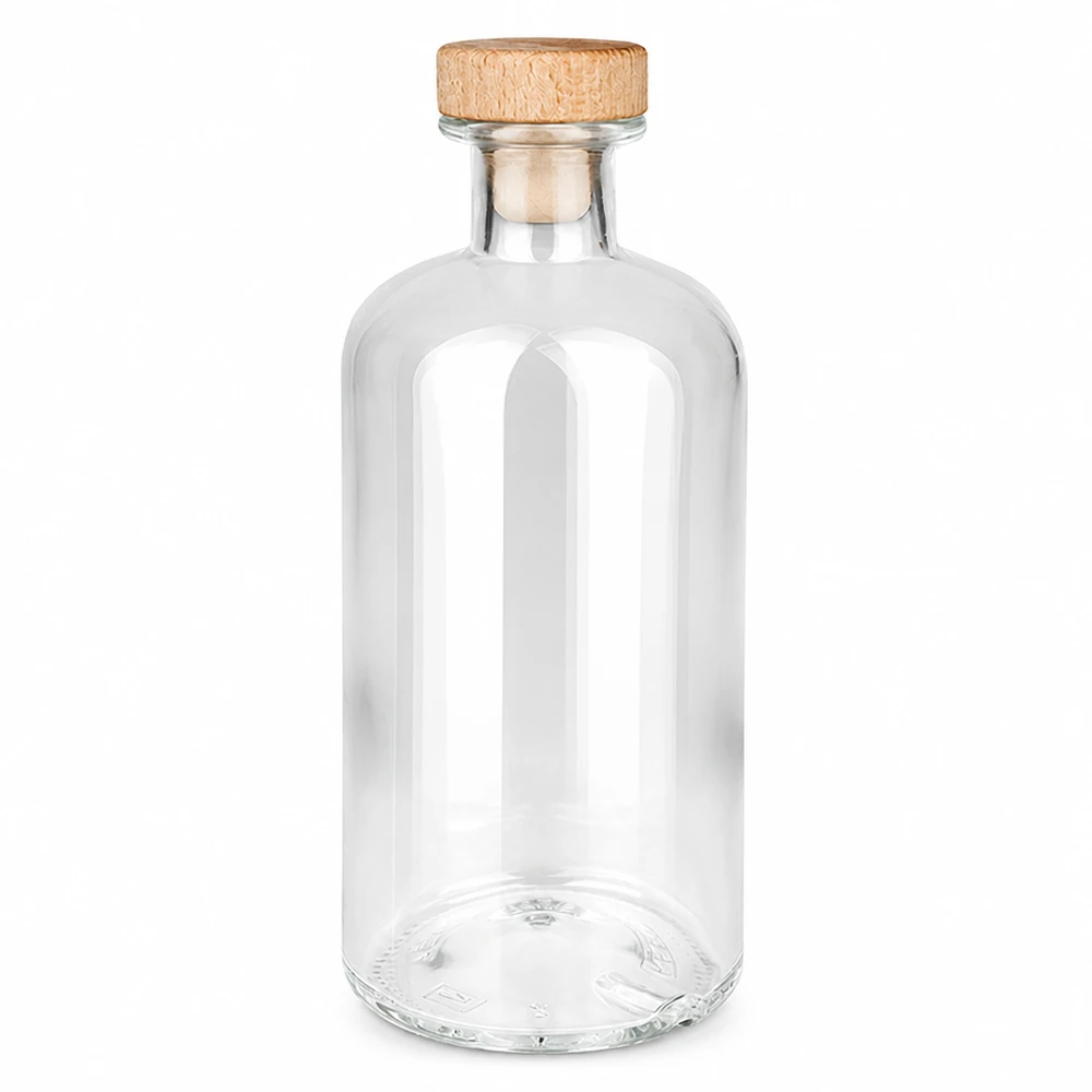 500ml Glasflasche Flora mit Holzgriff-Korken UNiTWIST transparent leer vor weißem Hintergrund