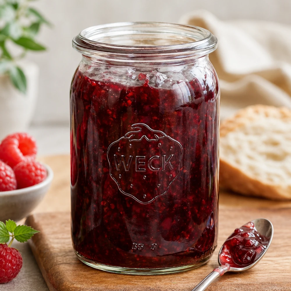 145ml válcová sklenice WECK RR40 s dřevěným dřívkem. WECK RR40 Einmachglas 145ml mit roter Marmelade befüllt und Löffel auf Holzbrett neben Erdbeeren und Brot