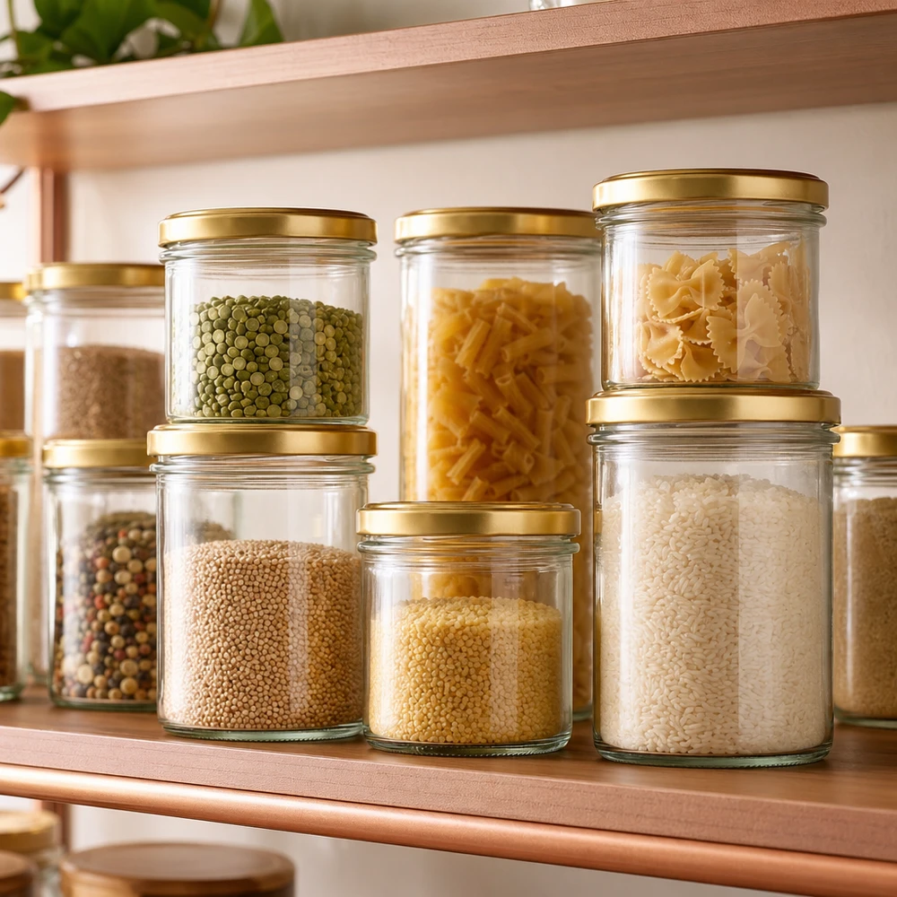 125ml kelímky s víčkem BasicSeal zlaté UNiTWIST 125ml Sturzgläser mit BasicSeal Deckel gold zur stilvollen Aufbewahrung von Pasta, Reis und Hülsenfrüchten im Vorratssch