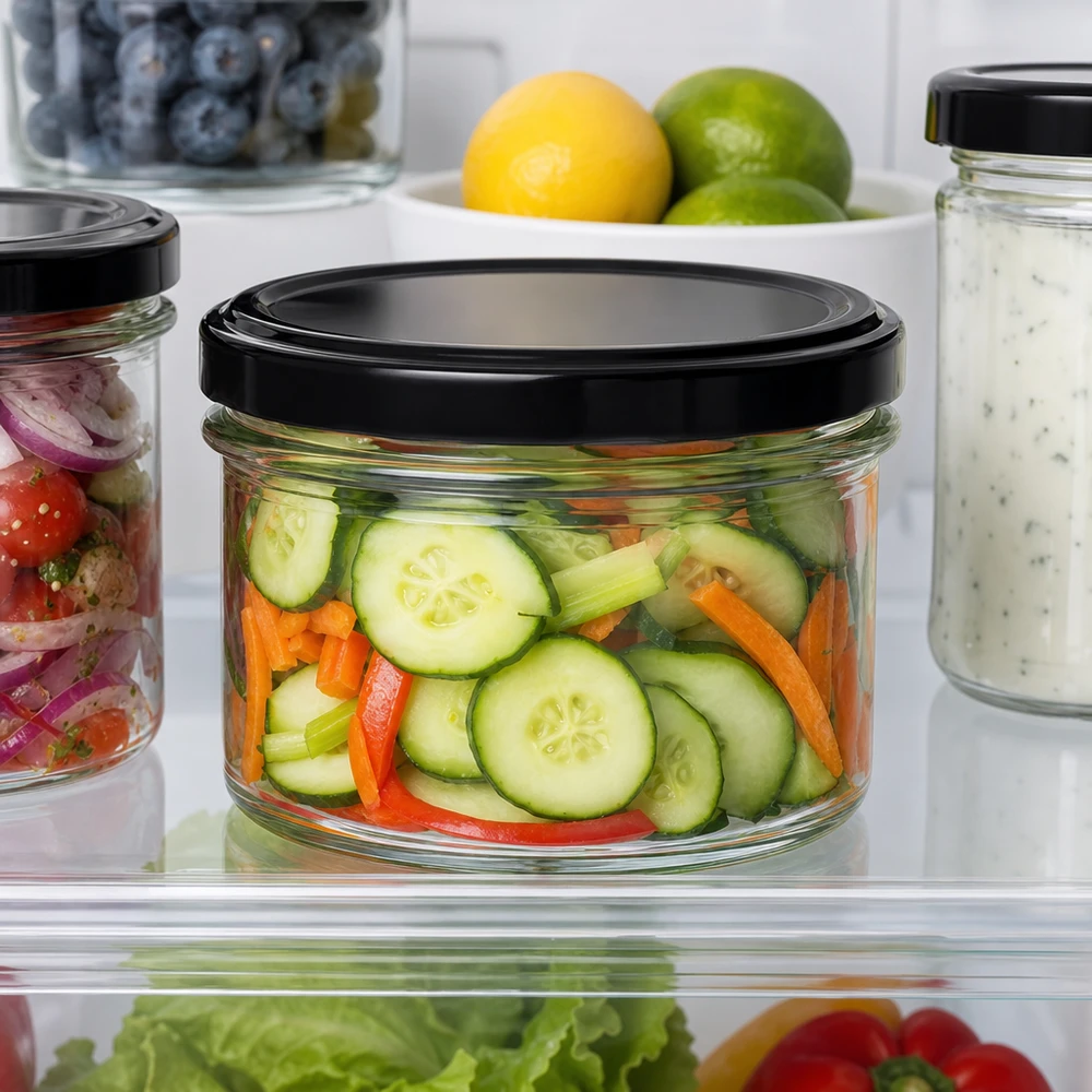 225ml kelímky s víčkem BasicSeal černé UNiTWIST 225ml Sturzglas mit schwarzem Deckel im Kühlschrank - praktische Aufbewahrung für Gemüse-Snacks und Meal Prep