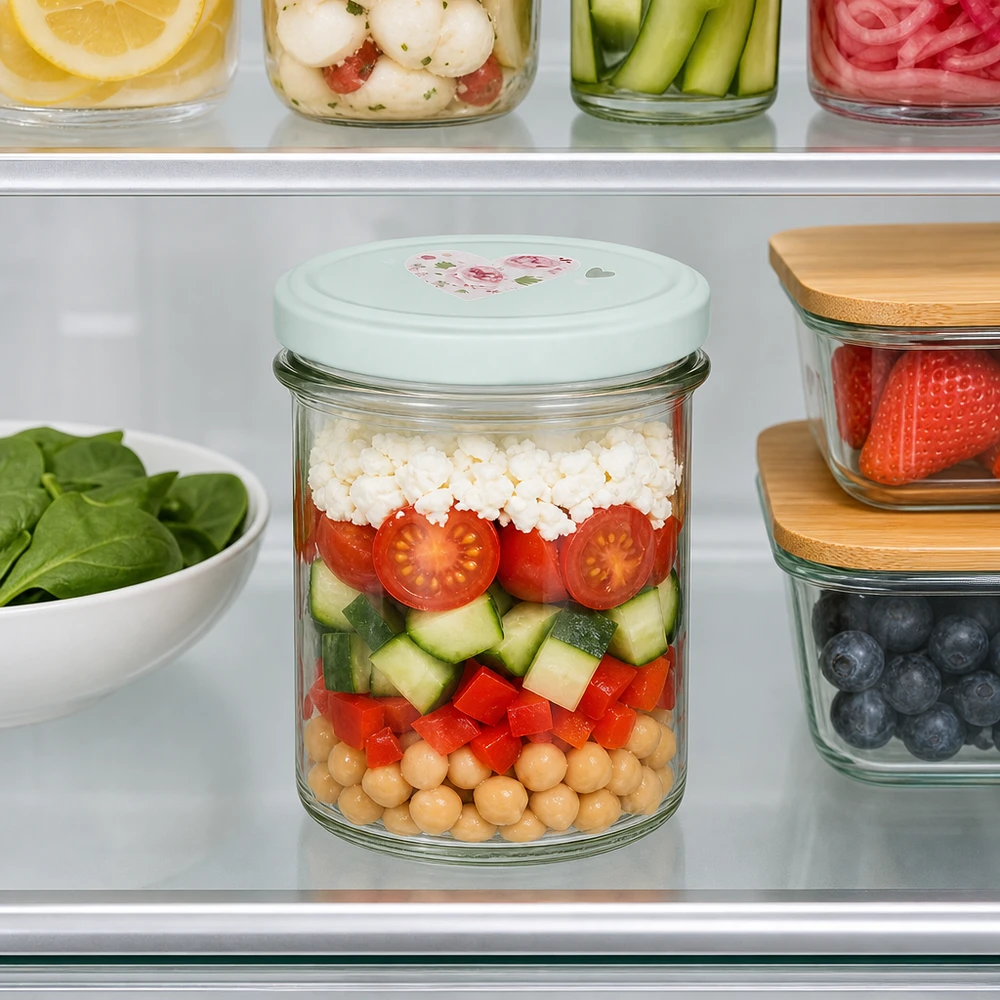 350ml kelímky + víčko BasicSeal srdíčková máta UNiTWIST Gefülltes 350ml Sturzglas mit BasicSeal Deckel Herz mint in Kühlschrank mit Salat aus Kichererbsen Gurken Tomaten