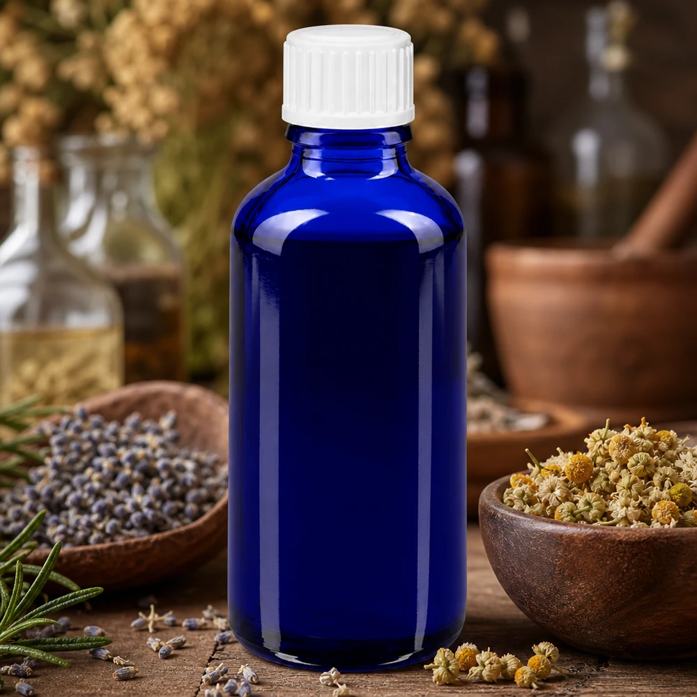 Blaue GR-Standardflasche 50ml Apothekerglas mit weißem Schraubverschluss im Naturheilkunde-Setting