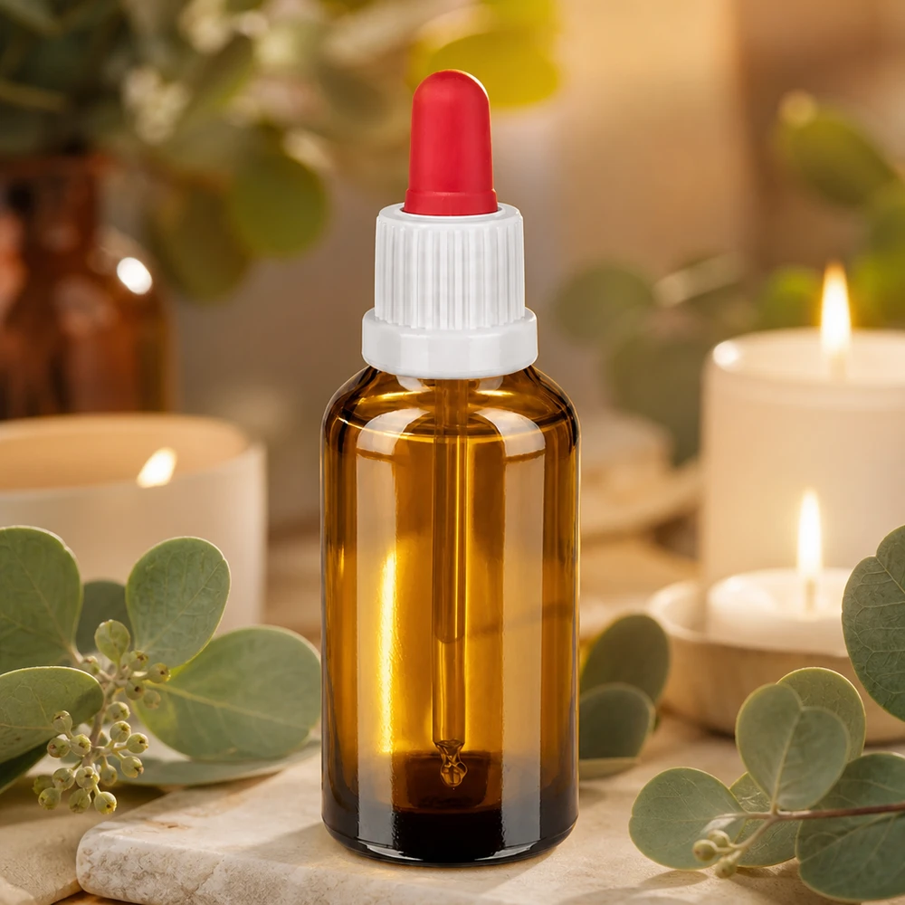 Lichtgeschützte 30ml Tropferflasche aus dunklem Glas mit kontrastierender roter Pipette