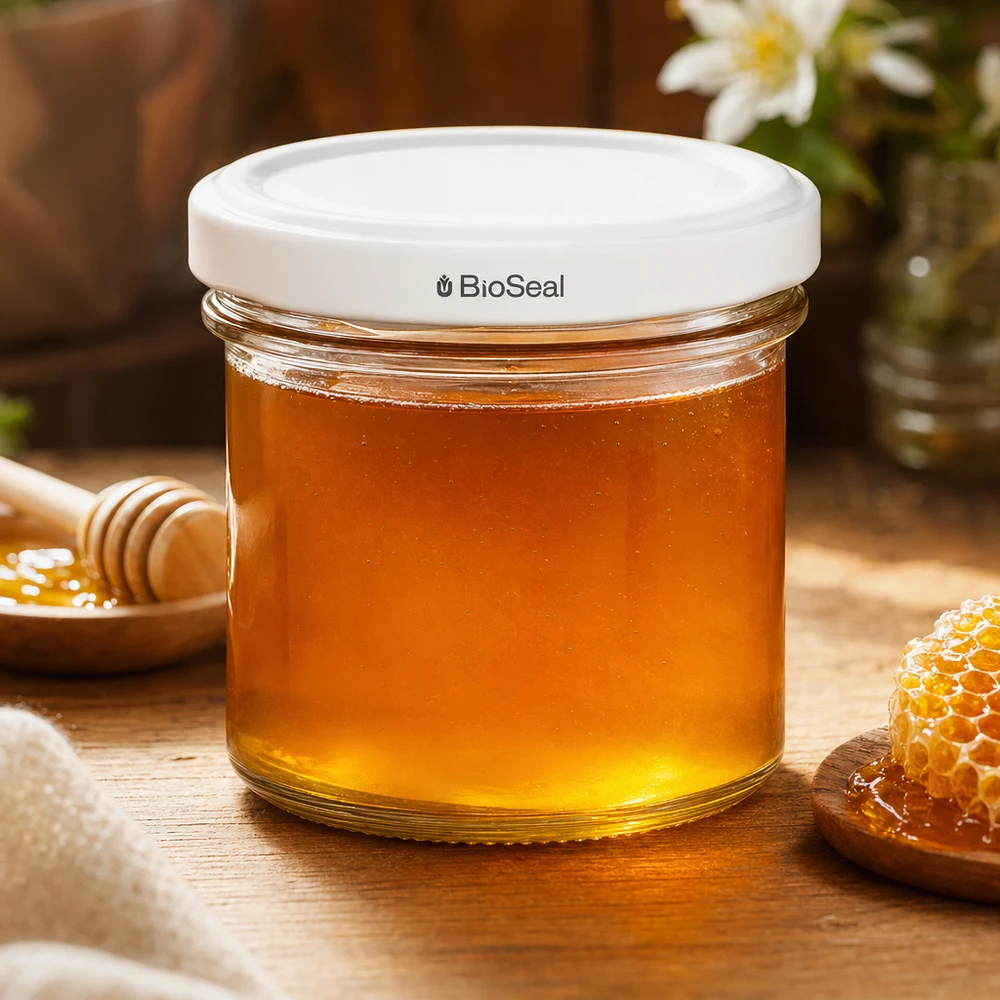 Tumbler o objemu 125 ml s bílým víčkem BioSeal UNiTWIST UNiTWIST Sturzglas 125ml mit Honig befüllt weißer TO66 BioSeal Deckel Honigglas Waben Holztisch natürlich