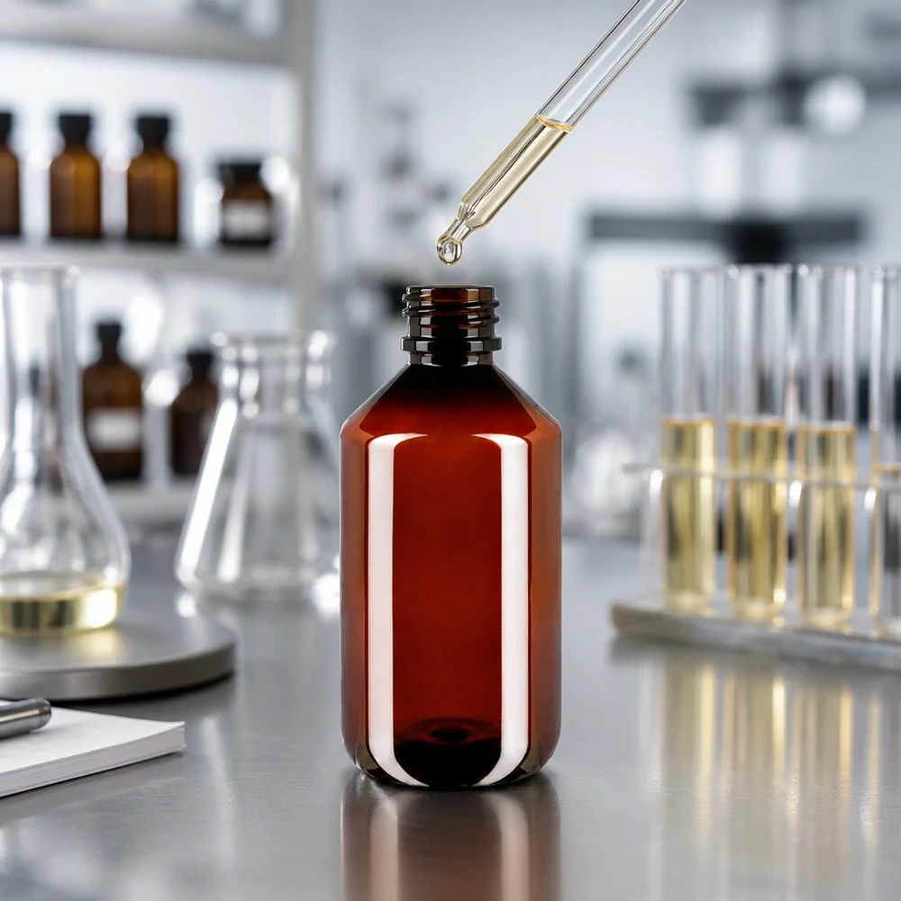 Prázdná hnědá PET láhev o objemu 500 ml s originálním uzávěrem vedle Erlenmeyerovy baňky v laboratoři