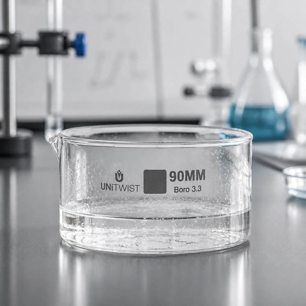 Laborschale UNiTWIST Boro 3.3 90mm dickwandiges Borosilikatglas mit Wasserinhalt