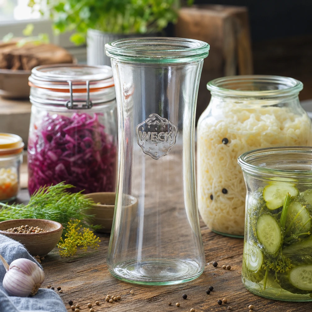 700ml lahůdková sklenice se skleněným víčkem WECK RR80 WECK Delikatessenglas 700ml RR80 umgeben von selbstgemachten Fermentationsprodukten wie Sauerkraut und eingelegten Gurke