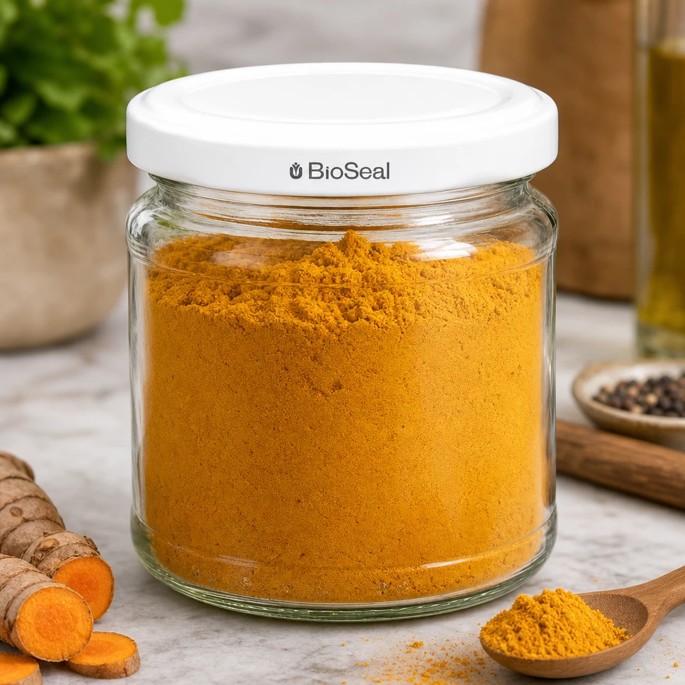Kulatá sklenice o objemu 212 ml s bílým víčkem BioSeal UNiTWIST UNiTWIST Runda212 Gewürzglas mit Kurkumapulver und weißem TO66 BioSeal Deckel in moderner Küche