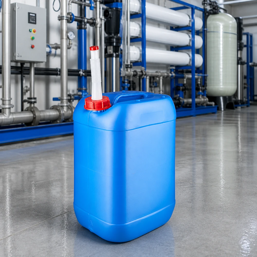 Kompakter Industriebehälter 25 Liter blau mit Ausgießer für Wasseraufbereitung geeignet