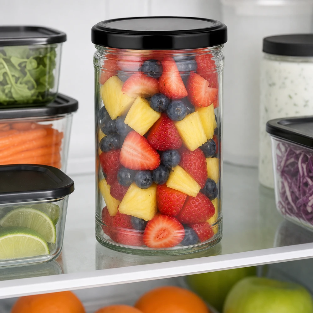 1053ml kelímky s víčkem BasicSeal černé UNiTWIST 1053ml Sturzglas mit schwarzem Deckel voller Obstsalat im Kühlschrank neben anderen Vorratsgläsern mit Gemüse