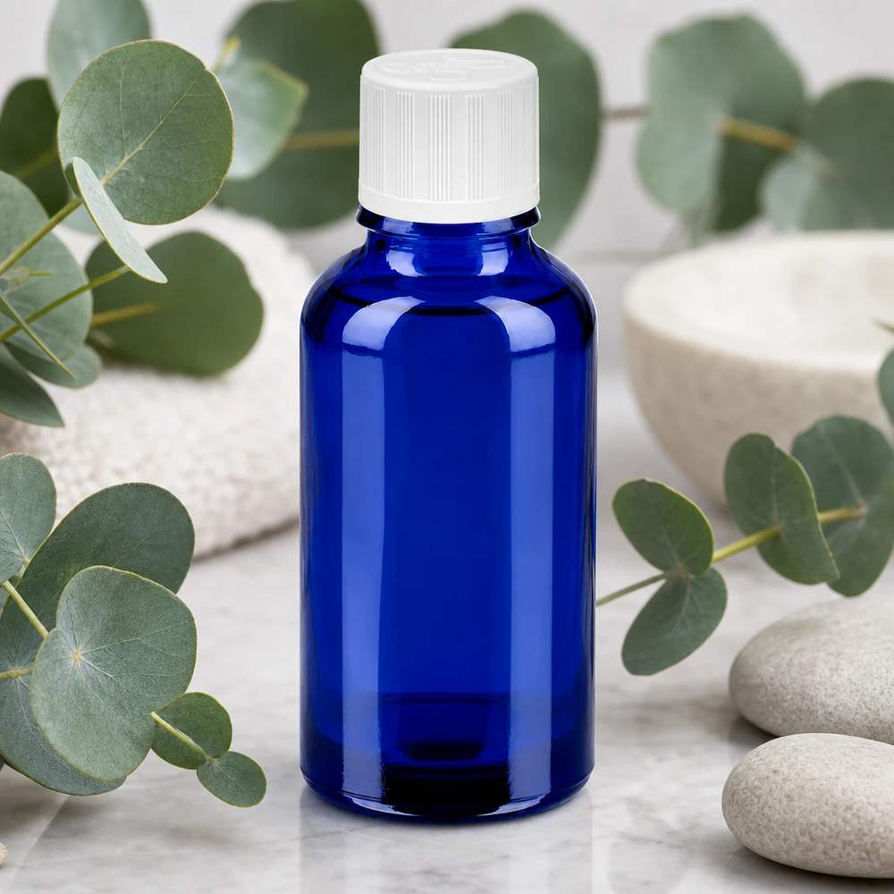 30ml láhev 11mm šroubovací uzávěr bílá standardní dětská odolná BlueLine UT18/30 30ml Kobaltflasche mit matter Oberfläche und ergonomischer Form für einfache Handhabung