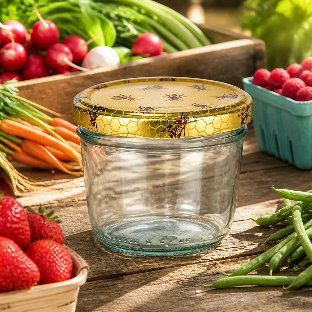 Skleněná nádoba 230ml + víčko BasicSeal voština UNiTWIST. 230ml Sturzglas mit Bienenwaben-Deckel umgeben von frischem Gemüse und Obst auf rustikalem Holztisch