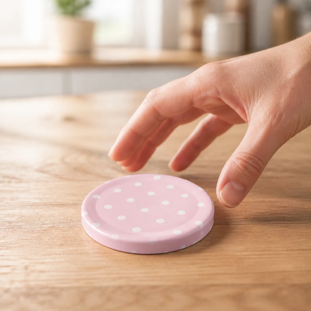 58mm BasicSeal Deckel Punkte rosa matt (TO58) UNiTWIST Ruka sahá po růžovém šroubovacím víčku o průměru 58 mm s bílými tečkami na dřevěném kuchyňském stole UniTwist