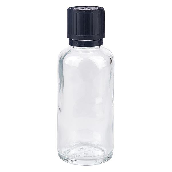 Lékárenská lahvička čirá 30ml kapátko nalévací kroužek 1mm černý dětský bezpečnostní zámek slepý výstražný symbol tamper evident uzávěr.