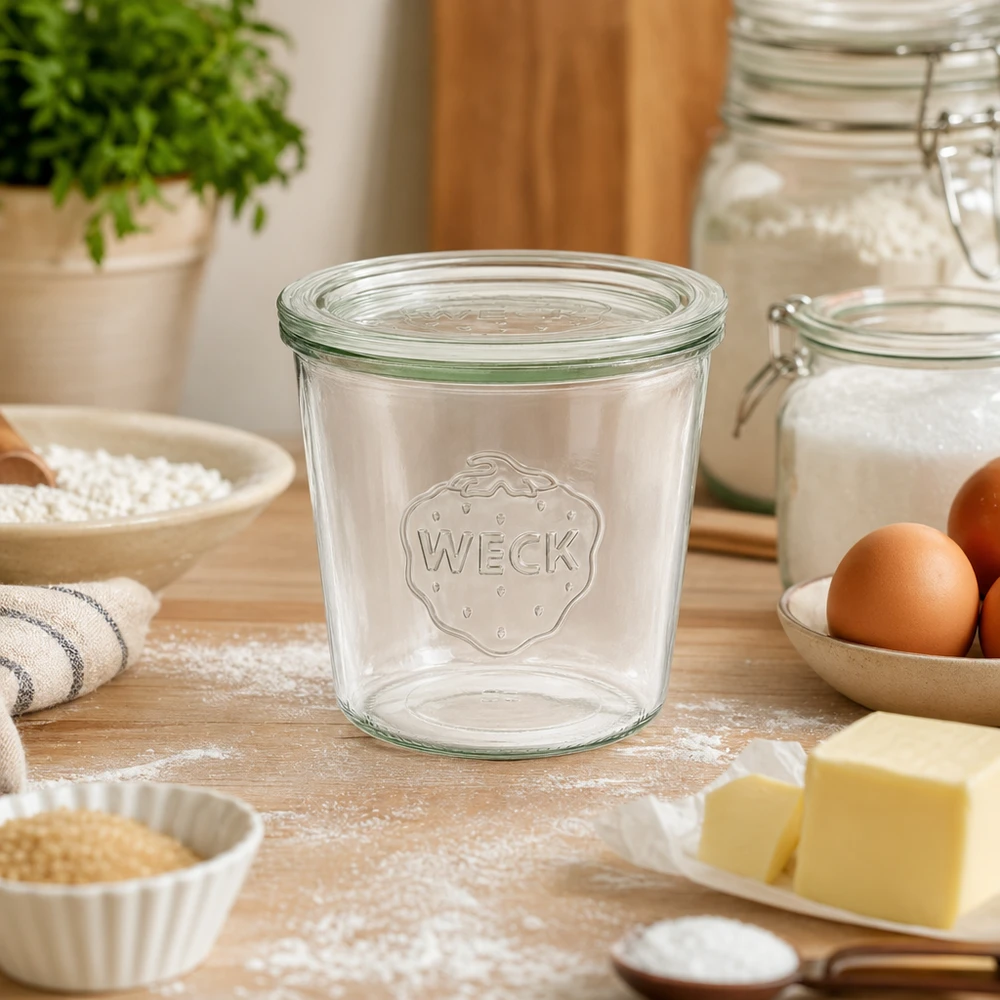 WECK 580ml Sturzglas RR100 leer auf Holzarbeitsplatte zwischen Backzutaten wie Mehl Eiern und Butter in Küche