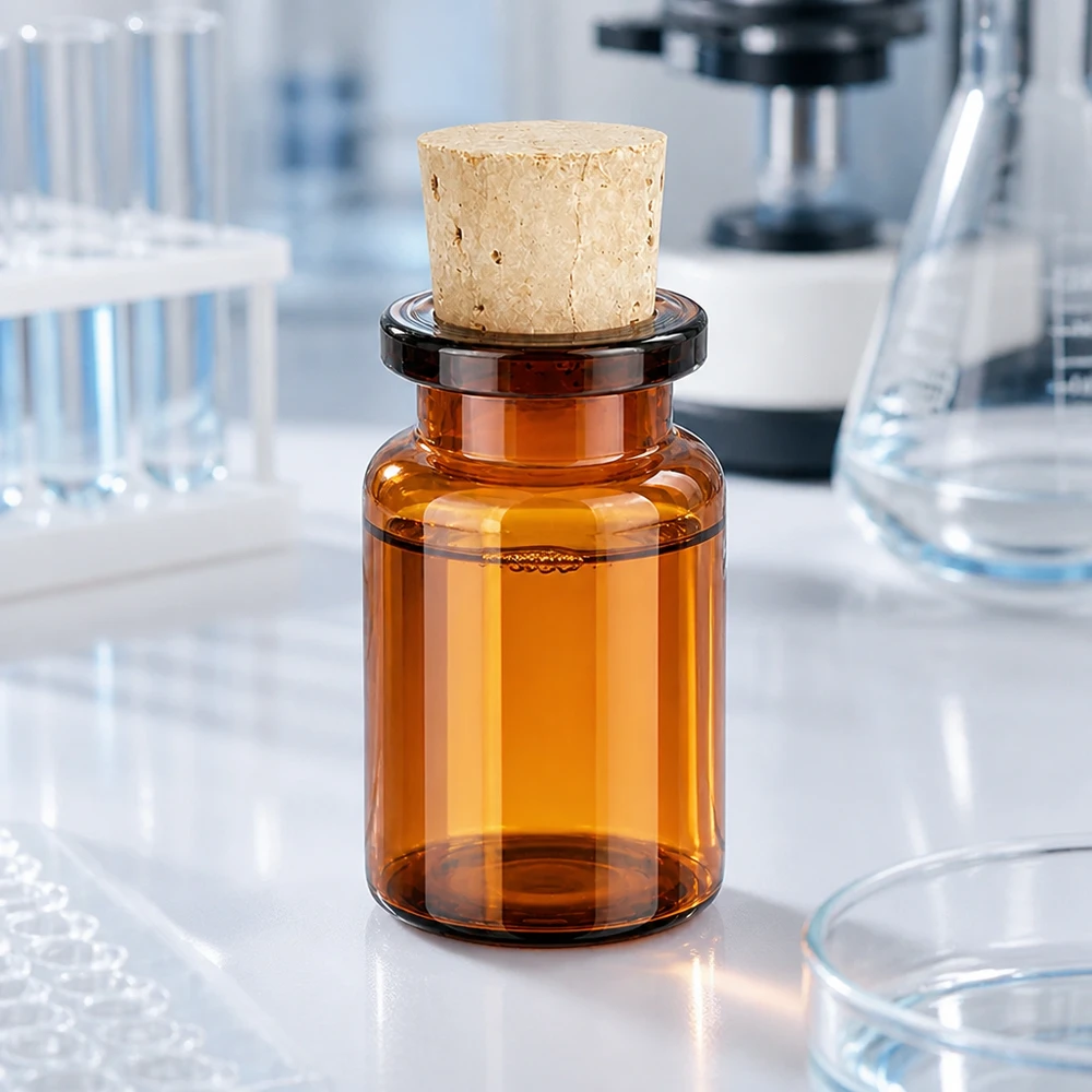 Kleine Flasche aus dunkelbraunem Glas mit Stopfen für pharmazeutische Anwendungen