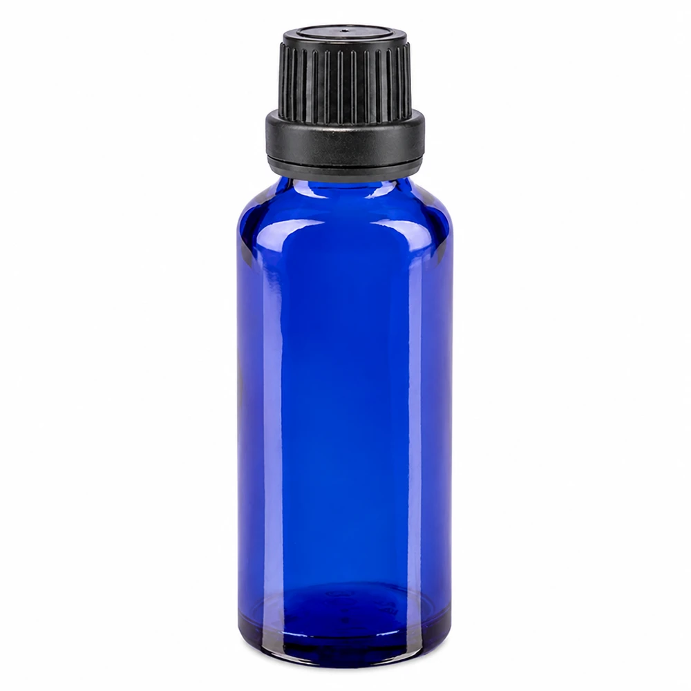 Lékárenská láhev modrá 30ml šroubovací uzávěr černá těsnicí vložka tamper evident uzávěr. Blaue 30ml Glasflasche mit SV OV Verschluss 11mm schwarz für Tropfen und Tinkturen geeignet