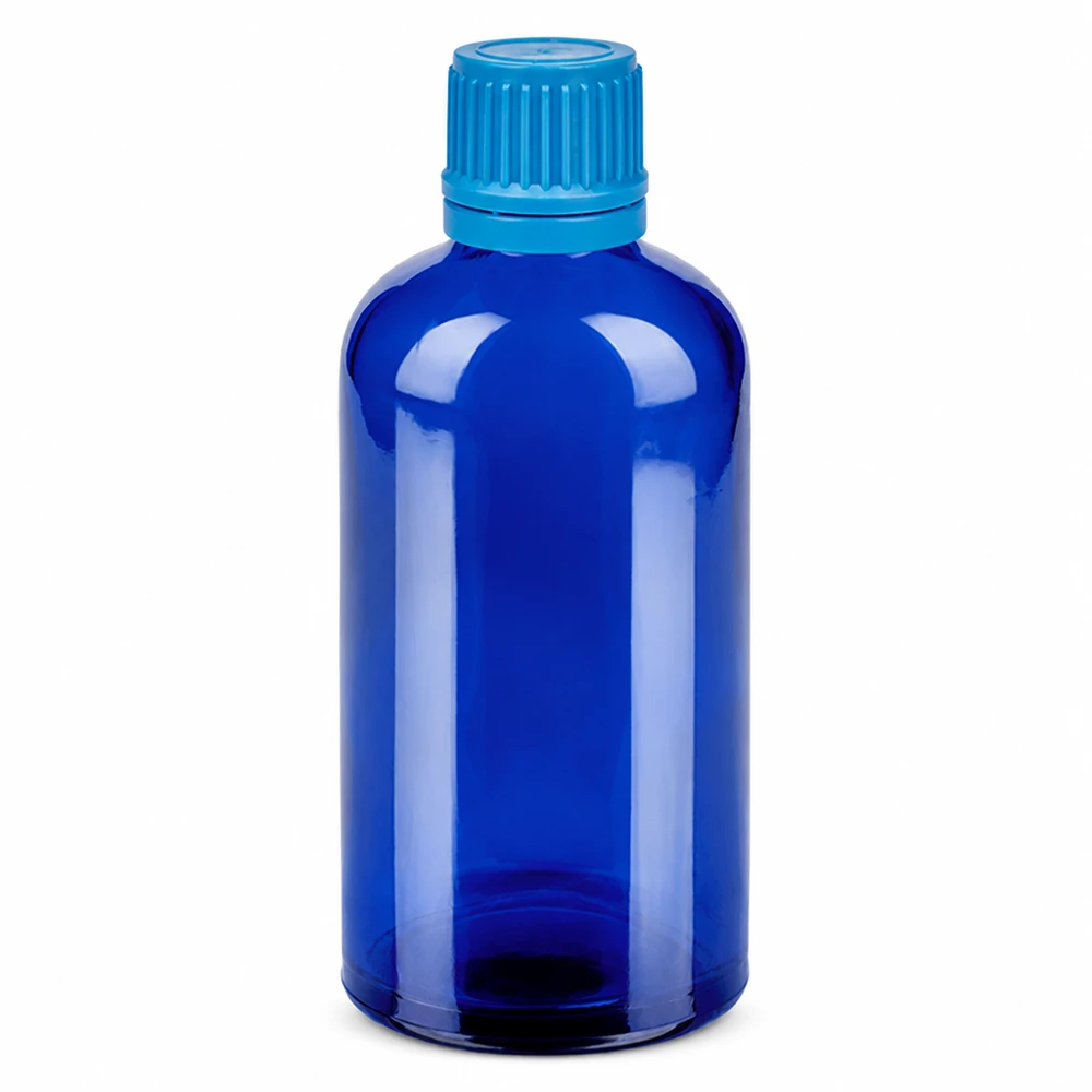 100ml láhev 11mm šroubovací uzávěr modrý uzávěr s ochranou proti manipulaci BlueLine UT18/100 Professionelle 100ml Laborflasche in Blau mit Schraubgewinde 11mm und Ausgießer