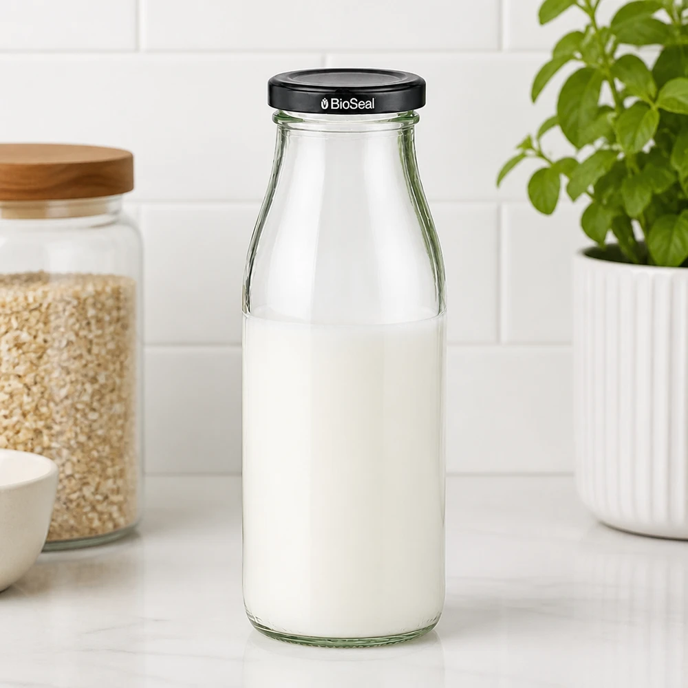 500ml skleněná láhev + víčko BioSeal černé UNiTWIST 500ml Glasflasche mit Milch gefüllt und schwarzem BioSeal Deckel auf Küchenarbeitsplatte neben Vorratsgläsern