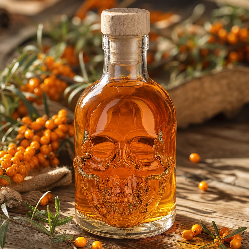 200ml Glasflasche "Jack" mit Holzgriff-Korken UNiTWIST Bernsteinfarbene 200ml Glasflasche Jack mit Totenkopf-Prägung zwischen Sanddornbeeren auf rustikalem Holztisch
