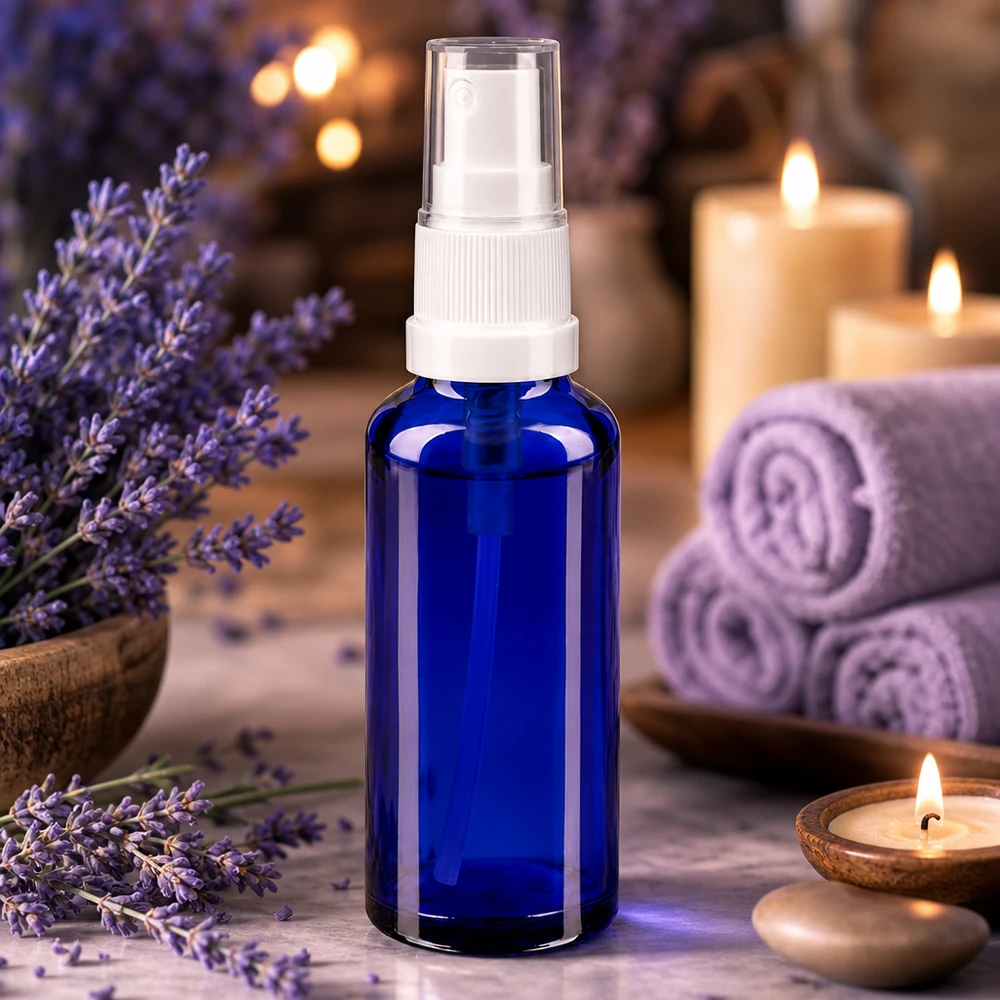 Hochwertige blaue Glasflasche mit Feinnebel Sprühkopf für Kosmetik und Naturheilkunde