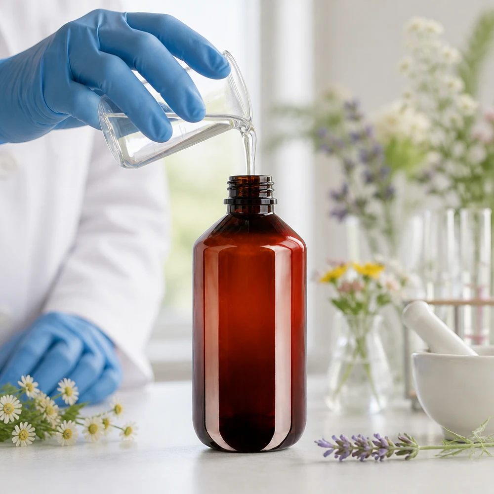 PET láhev 100ml s bílým rýhovaným uzávěrem s ochranou proti otevření. Malá lékárnická lahvička o objemu 100 ml, hnědá, z PET plastu, s bílým rýhovaným uzávěrem zajišťujícím neporušenost